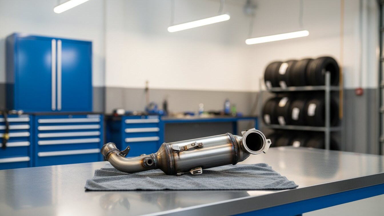 A new catalytic converter with petrol particulate filter on a cloth on a workshop bench