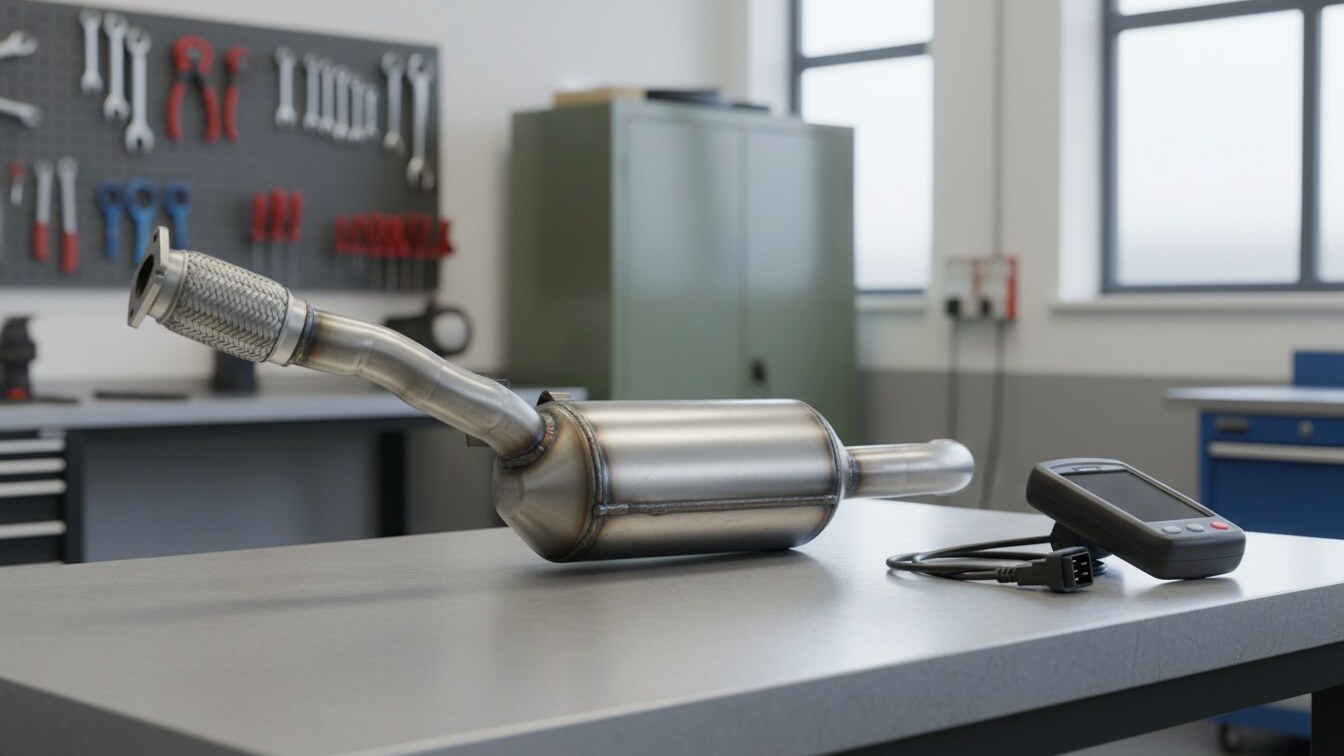 New combined catalytic converter and DPF on a workshop bench beside a handheld diagnostic code reader