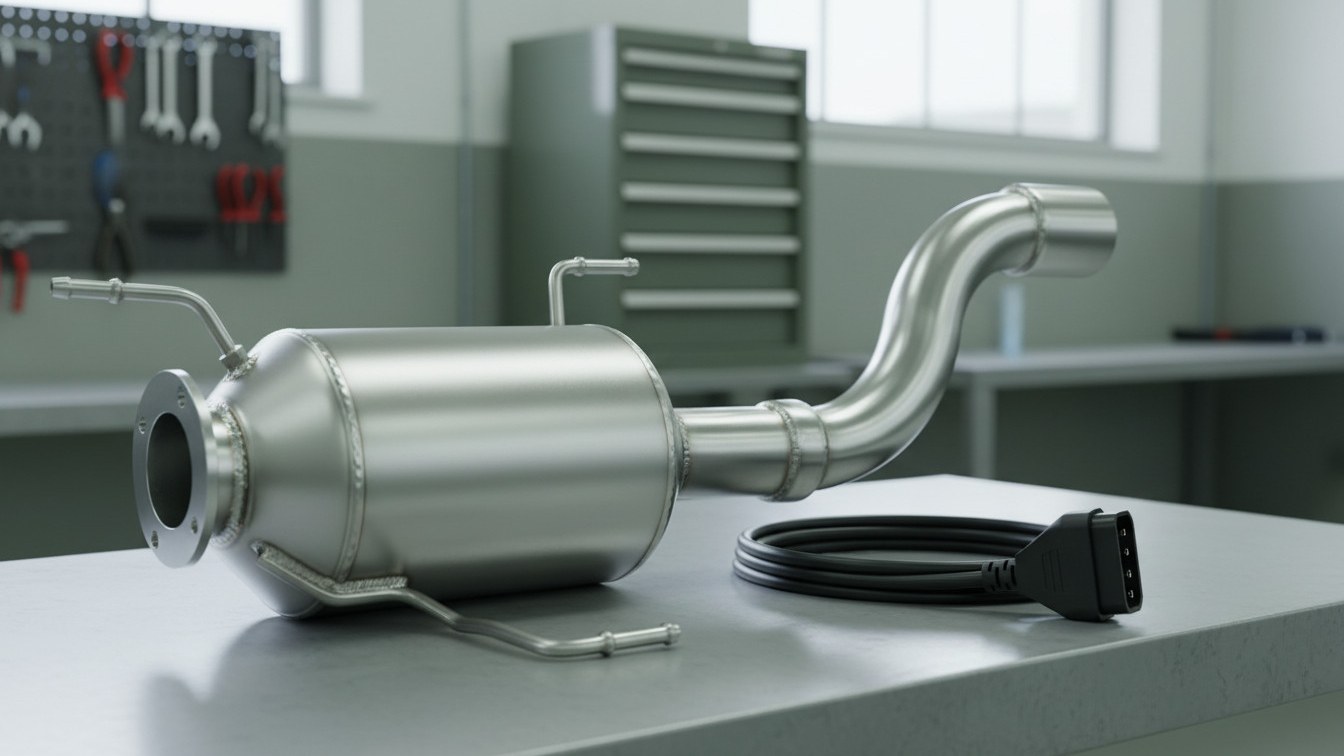 A new diesel particulate filter with its pressure-sensor pipes on a workshop bench beside a coiled diagnostic cable