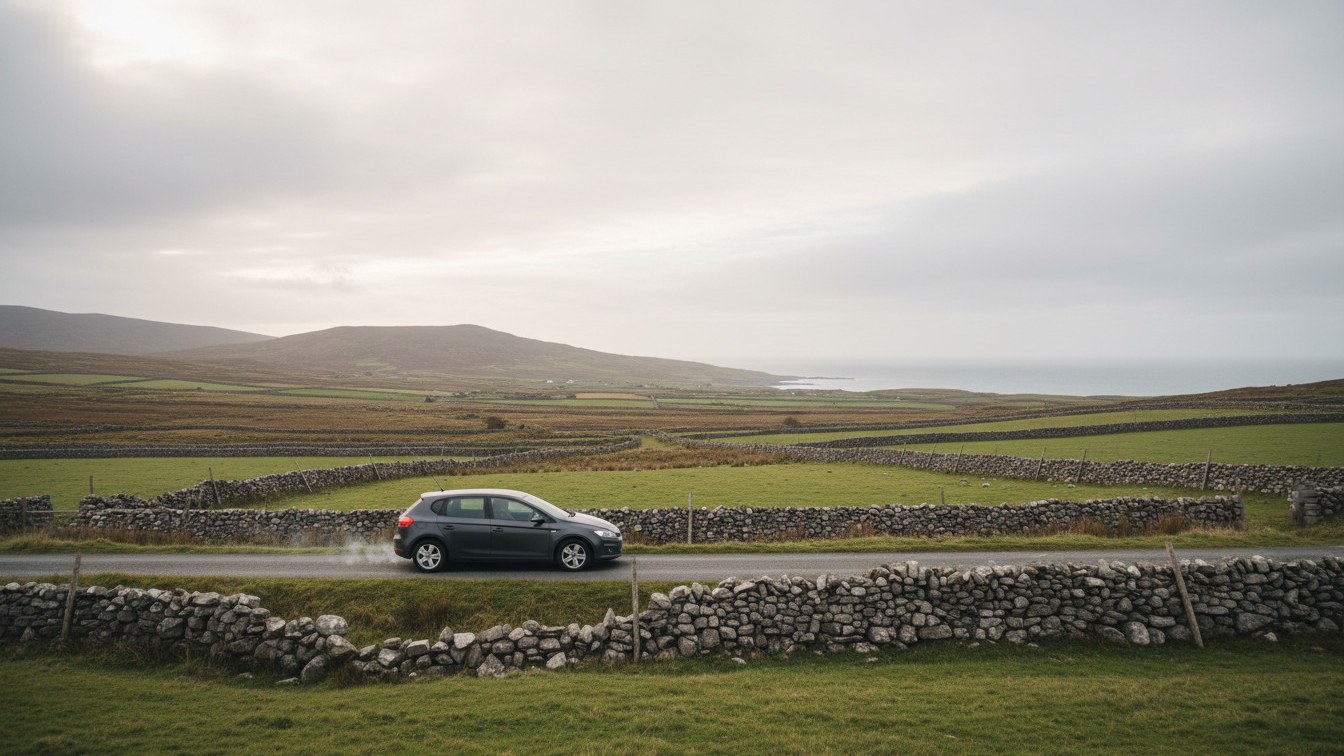 A dark grey hatchback driving along a narrow country road between dry-stone walls in the west of Ireland, with hills and the Atlantic behind
