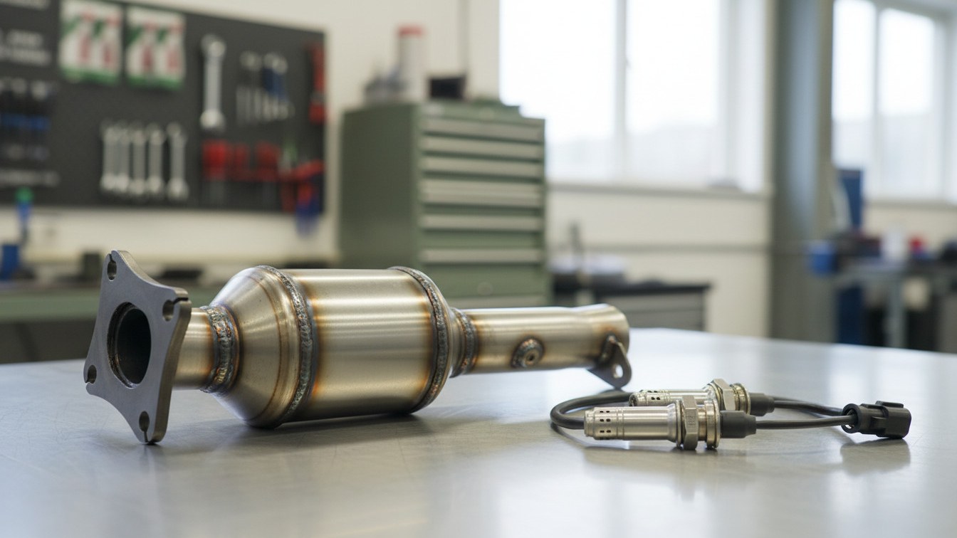 New stainless-steel catalytic converter on a workshop bench, with two oxygen sensors beside it